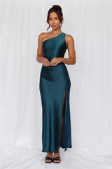 The Aurora One Shoulder Satin Maxi Dress Teal