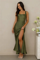 The Evelina Satin Maxi Dress Olive