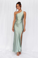 The Aurora One Shoulder Satin Maxi Dress Sage