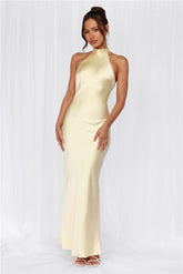 The Cleo Halter Satin Maxi Dress Yellow