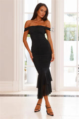 Tanisha Off Shoulder Mesh Midi Dress Black
