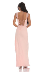 Suede Draped Lace Maxi Dress in Pink