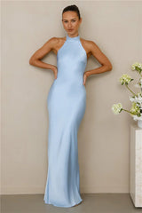 The Cleo Halter Satin Maxi Dress Blue