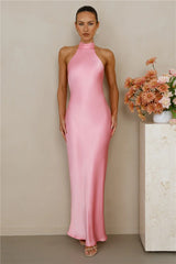 The Cleo Halter Satin Maxi Dress Candy