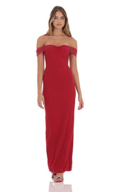 Tulle Off Shoulder Sleeve Maxi Dress in Red