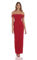 Tulle Off Shoulder Sleeve Maxi Dress in Red