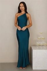 The Evangeline One Shoulder Satin Maxi Dress Teal