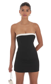 White Trim Strapless Dress in Black
