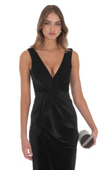 Velvet V-Neck Slit Maxi Dress in Black