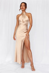 The Adeline Halter Satin Maxi Dress Champagne