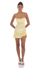 Velvet Ruffled Slit Dress in Yellow