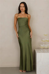 The Violetta Satin Maxi Dress Olive