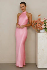 The Cleo Halter Satin Maxi Dress Candy
