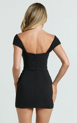 Veronika Mini Dress Off Shoulder Plunge Fit And Flare Dress in Black