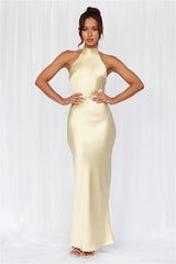 The Cleo Halter Satin Maxi Dress Yellow