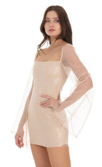 Tulle Sequin Flare Sleeve Dress in Champagne