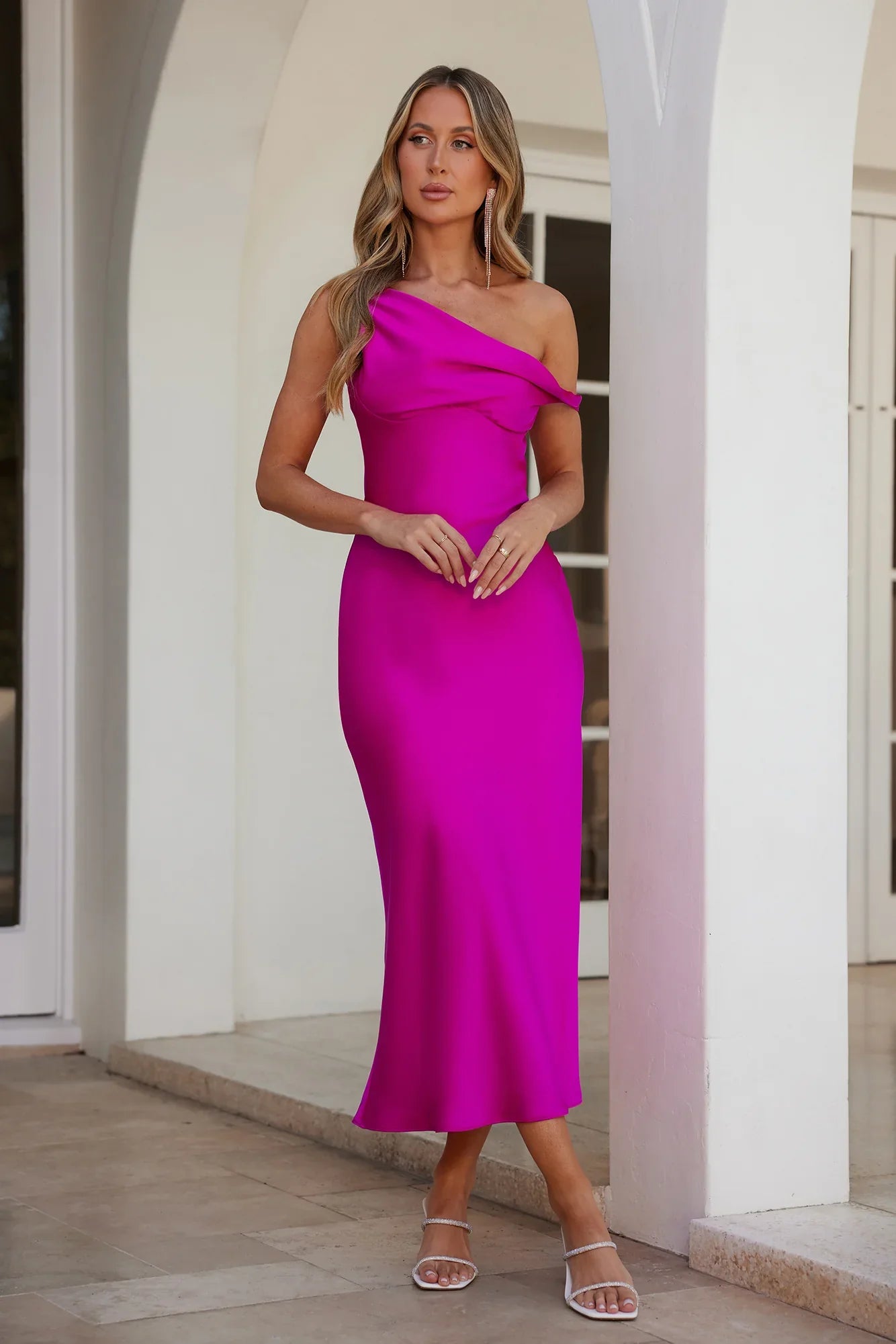 Stylish Season Off Shoulder Satin Midi Dress Fuchsia