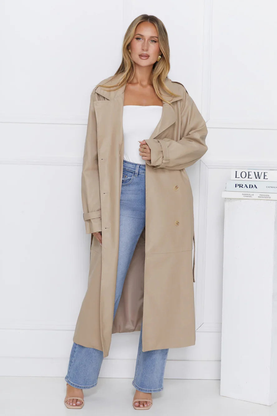 Subtle Sophistication Faux Leather Trench Coat Beige