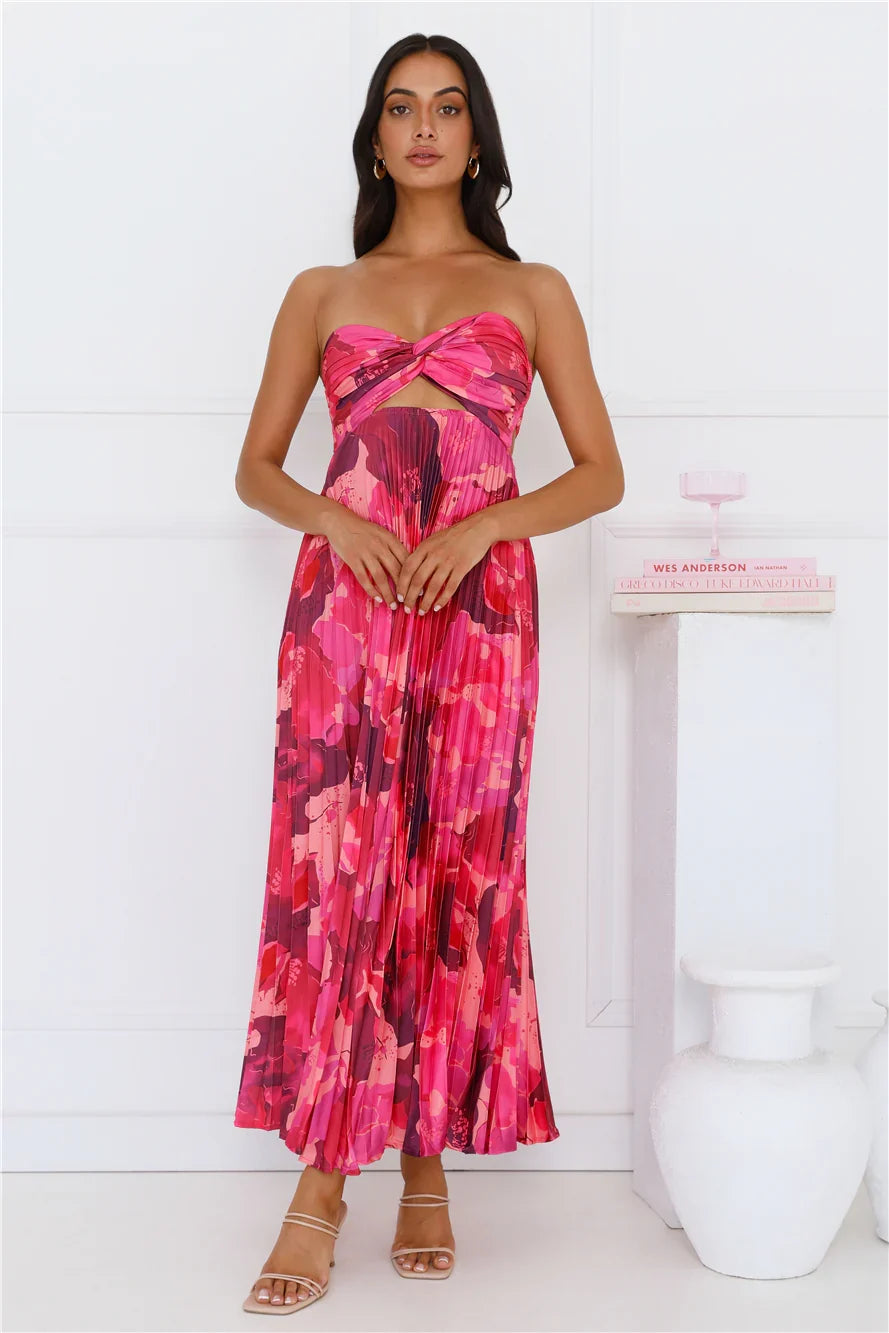 Swirly Strapless Maxi Dress Pink