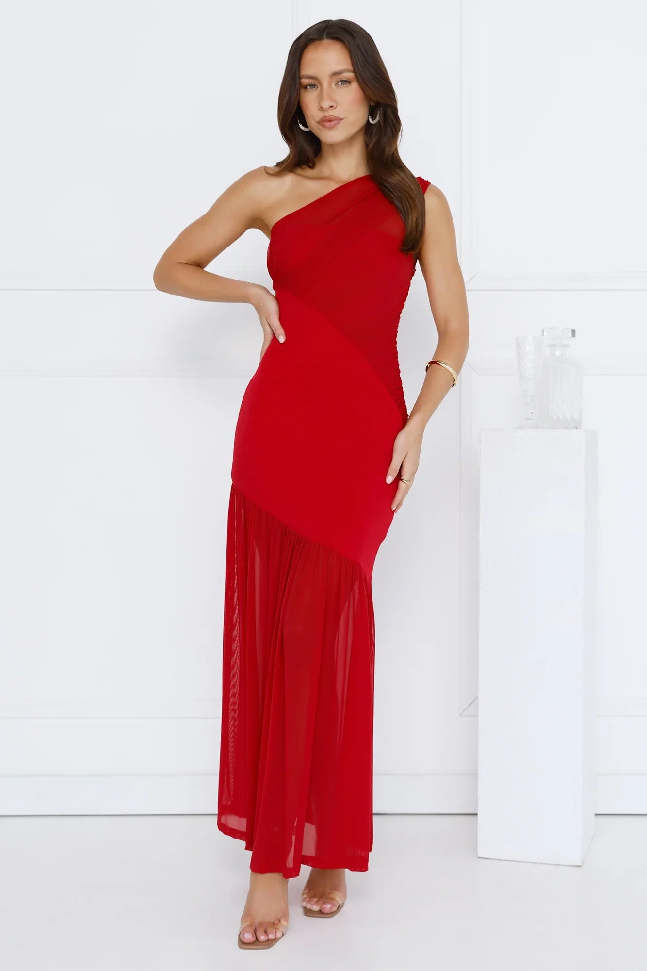 Vibe Style One Shoulder Mesh Maxi Dress Red