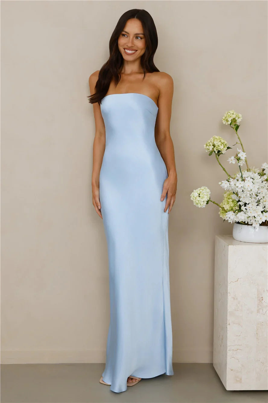 The Felicity Strapless Satin Maxi Dress Blue