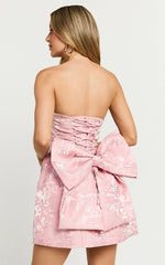 Wynn Mini Dress Strapless Ribbon Back Detail Dress in Pink