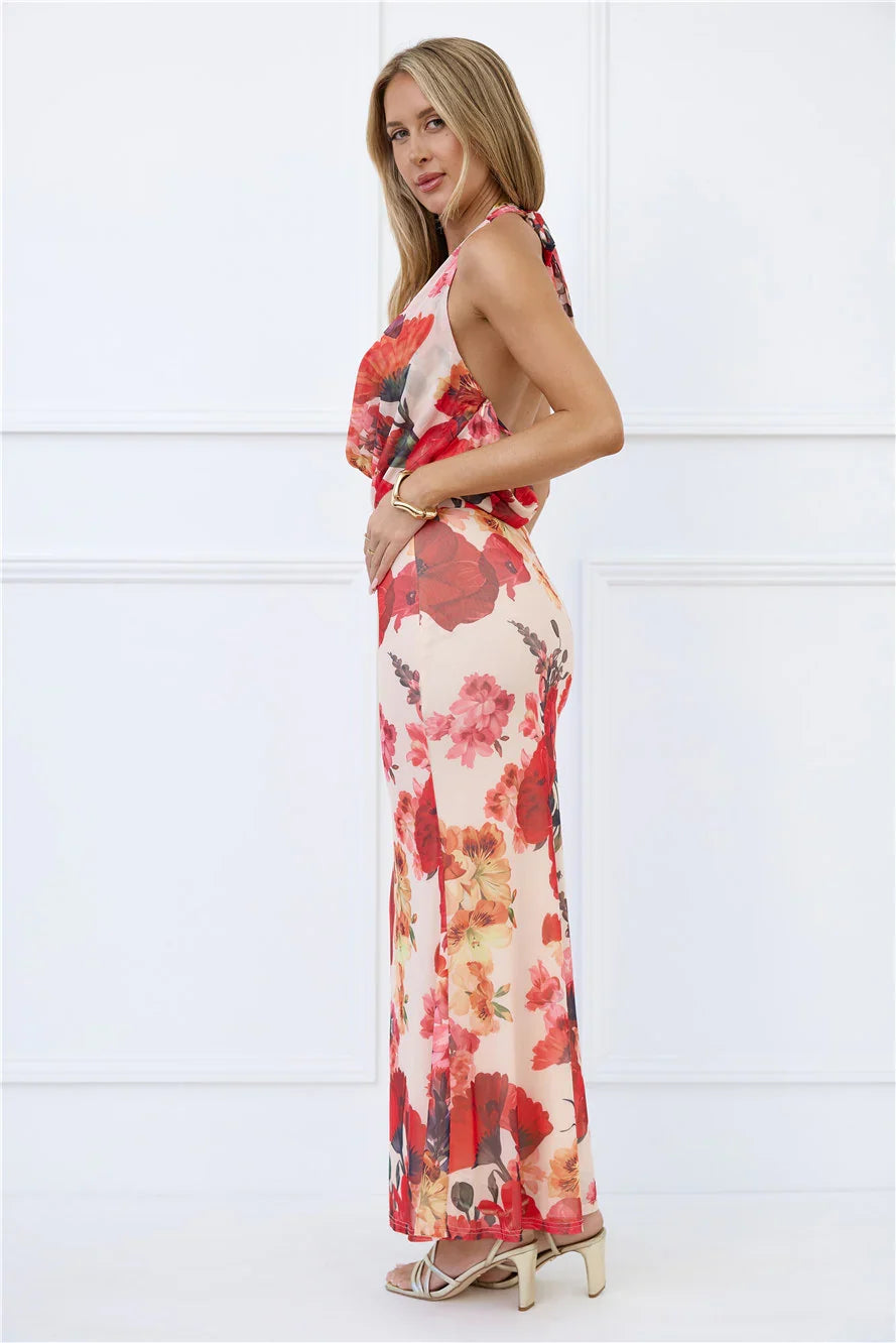 Viral Vibes Mesh Halter Maxi Dress Beige