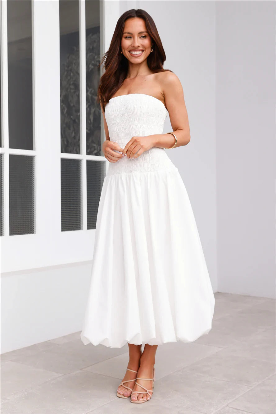 Vacay In The Maldives Strapless Bubble Midi Dress White