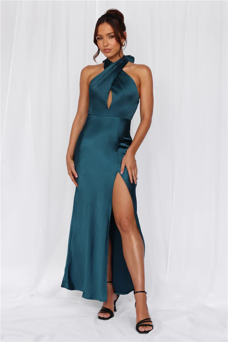 The Adeline Halter Satin Maxi Dress Teal