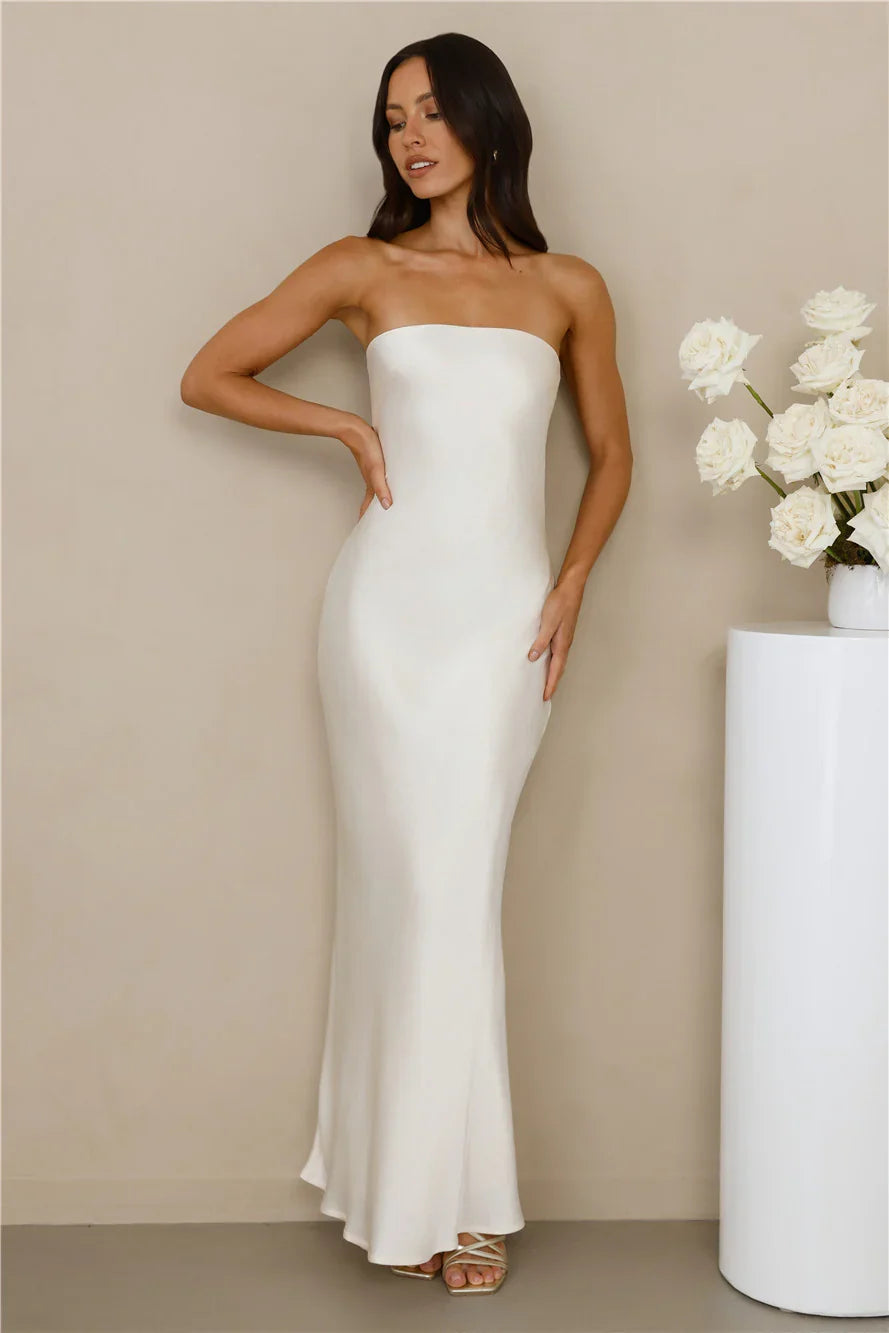 The Felicity Strapless Satin Maxi Dress Pearl