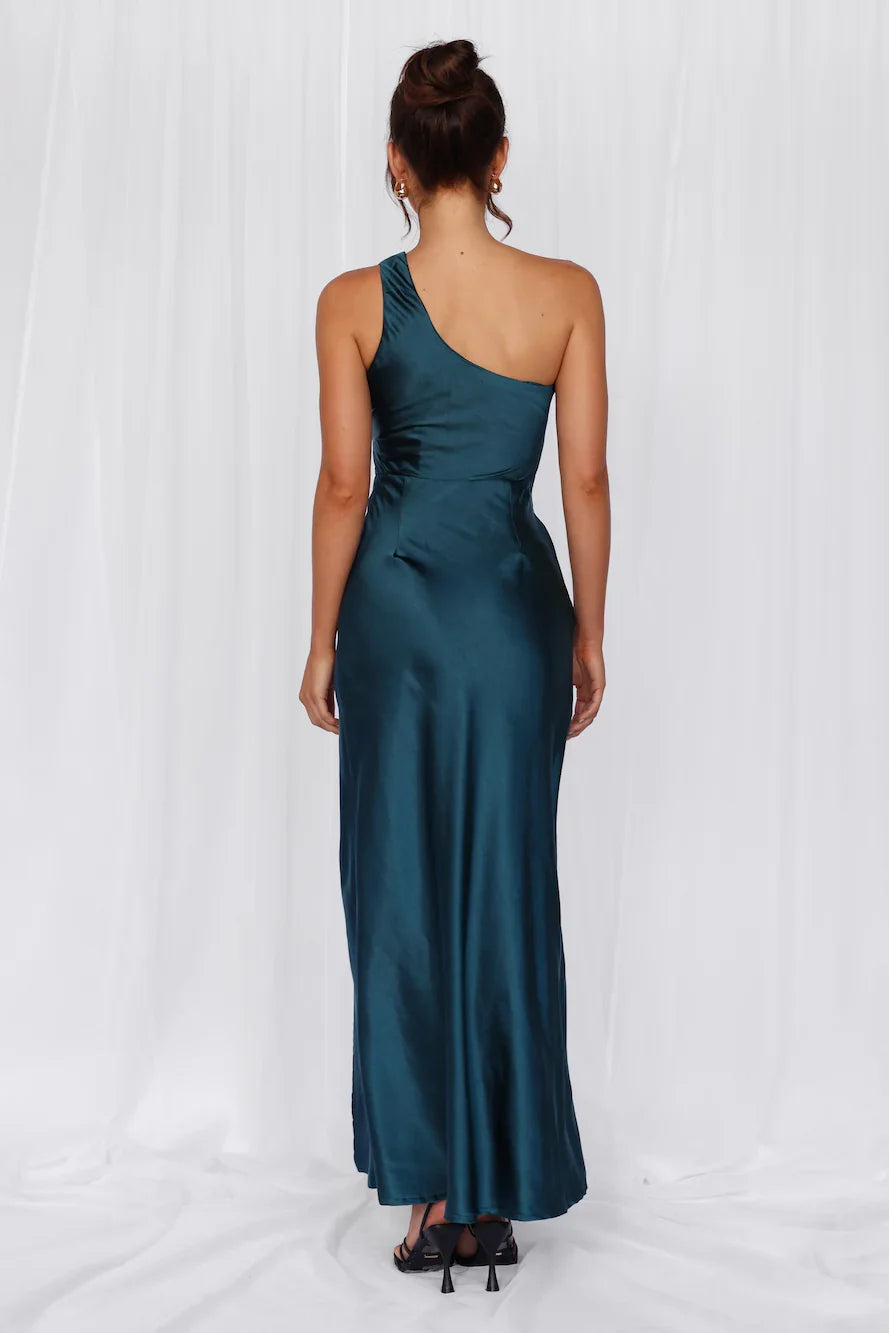 The Aurora One Shoulder Satin Maxi Dress Teal