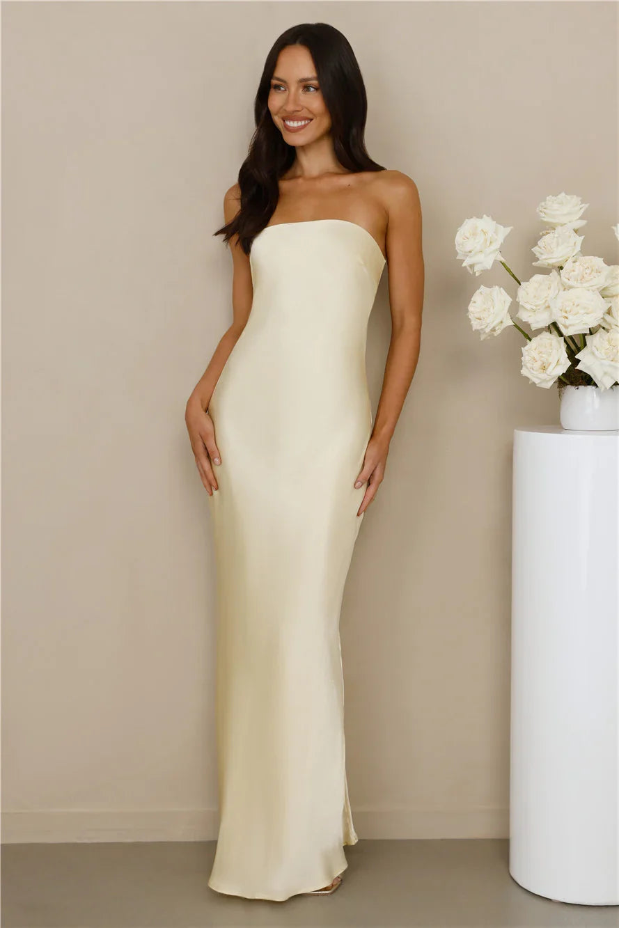 The Felicity Strapless Satin Maxi Dress Yellow