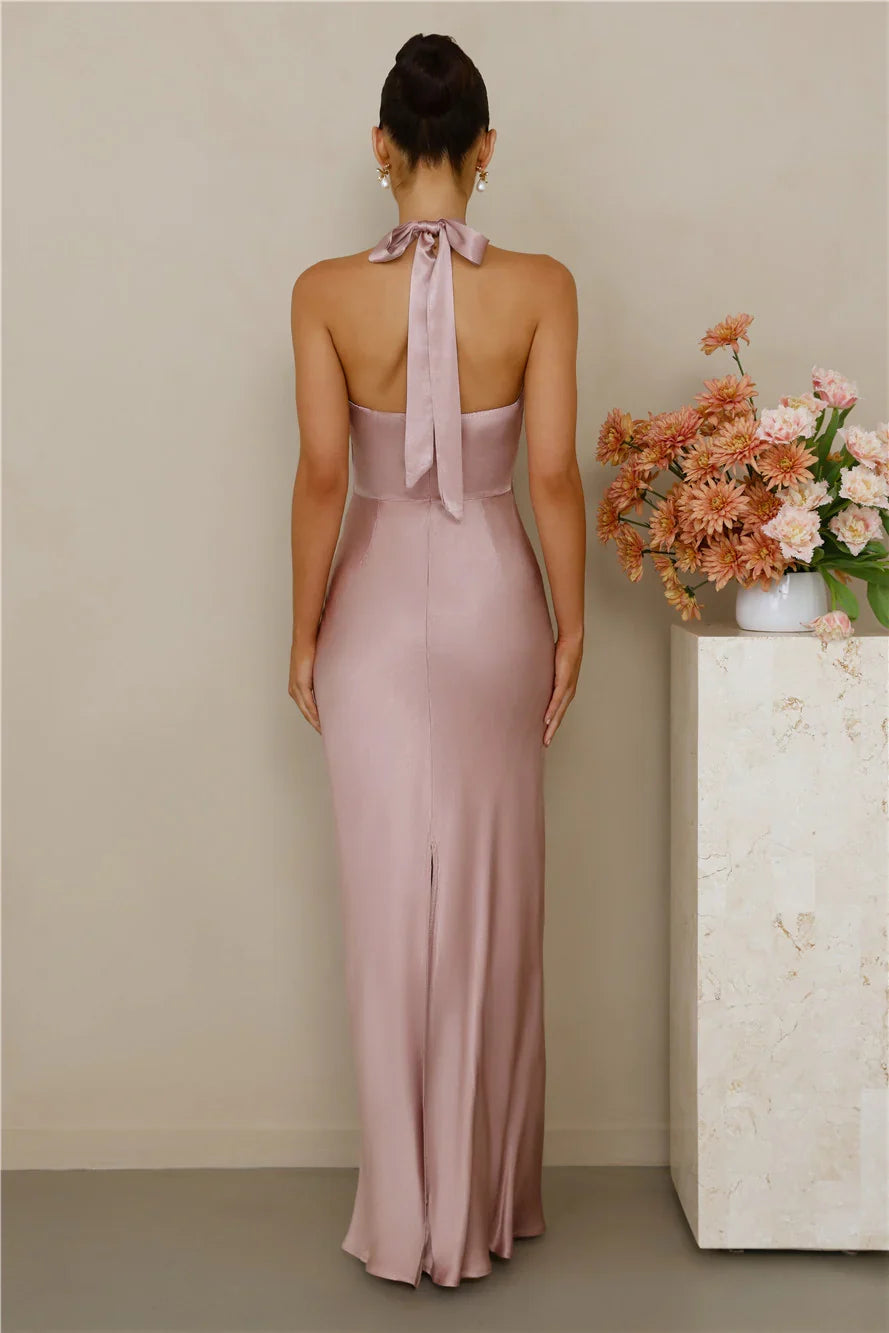 The Cleo Halter Satin Maxi Dress Dusty Pink