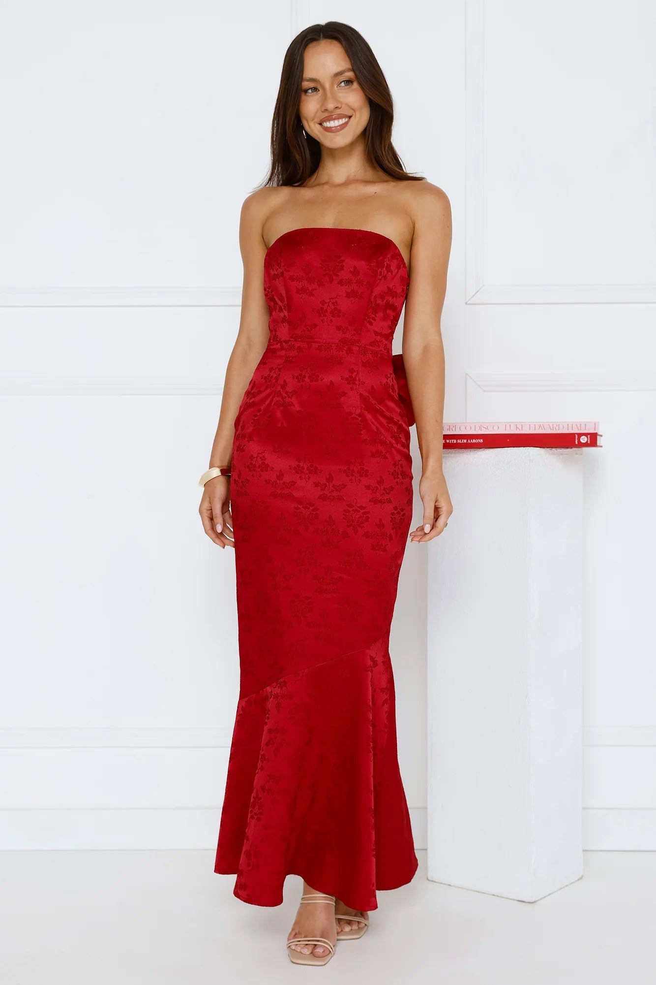 Symphony Of Silk Satin Strapless Maxi Dress Red