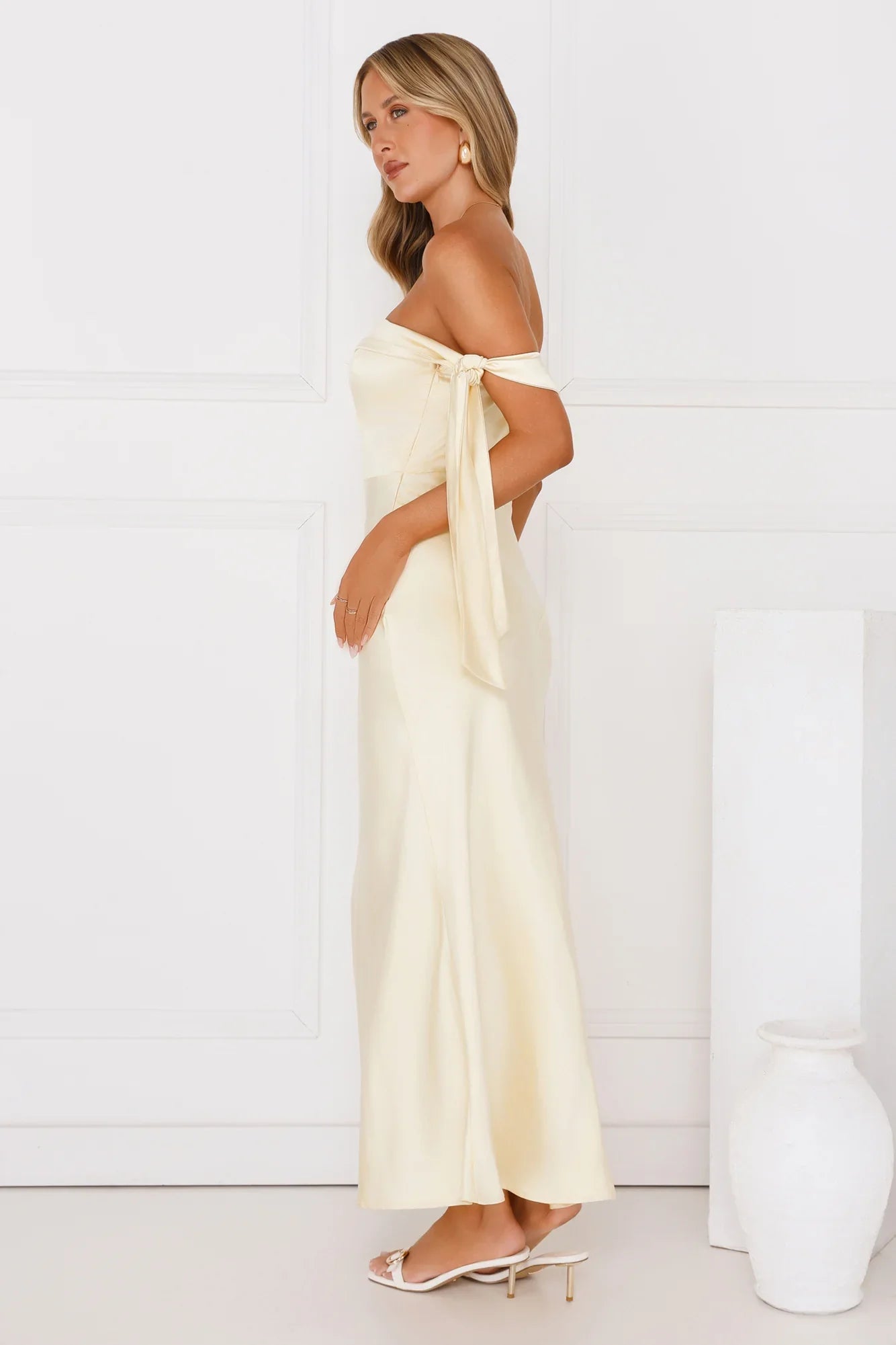 The Hype Off Shoulder Satin Midi Dress Yellow