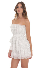 Tiered Polka Dot Strapless Dress in White