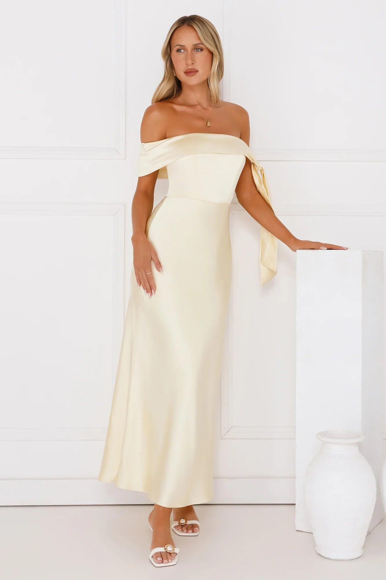The Hype Off Shoulder Satin Midi Dress Yellow