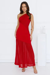 Vibe Style One Shoulder Mesh Maxi Dress Red