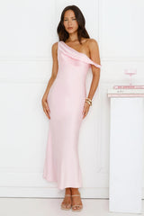 Stylish Season Off Shoulder Satin Midi Dress Pink